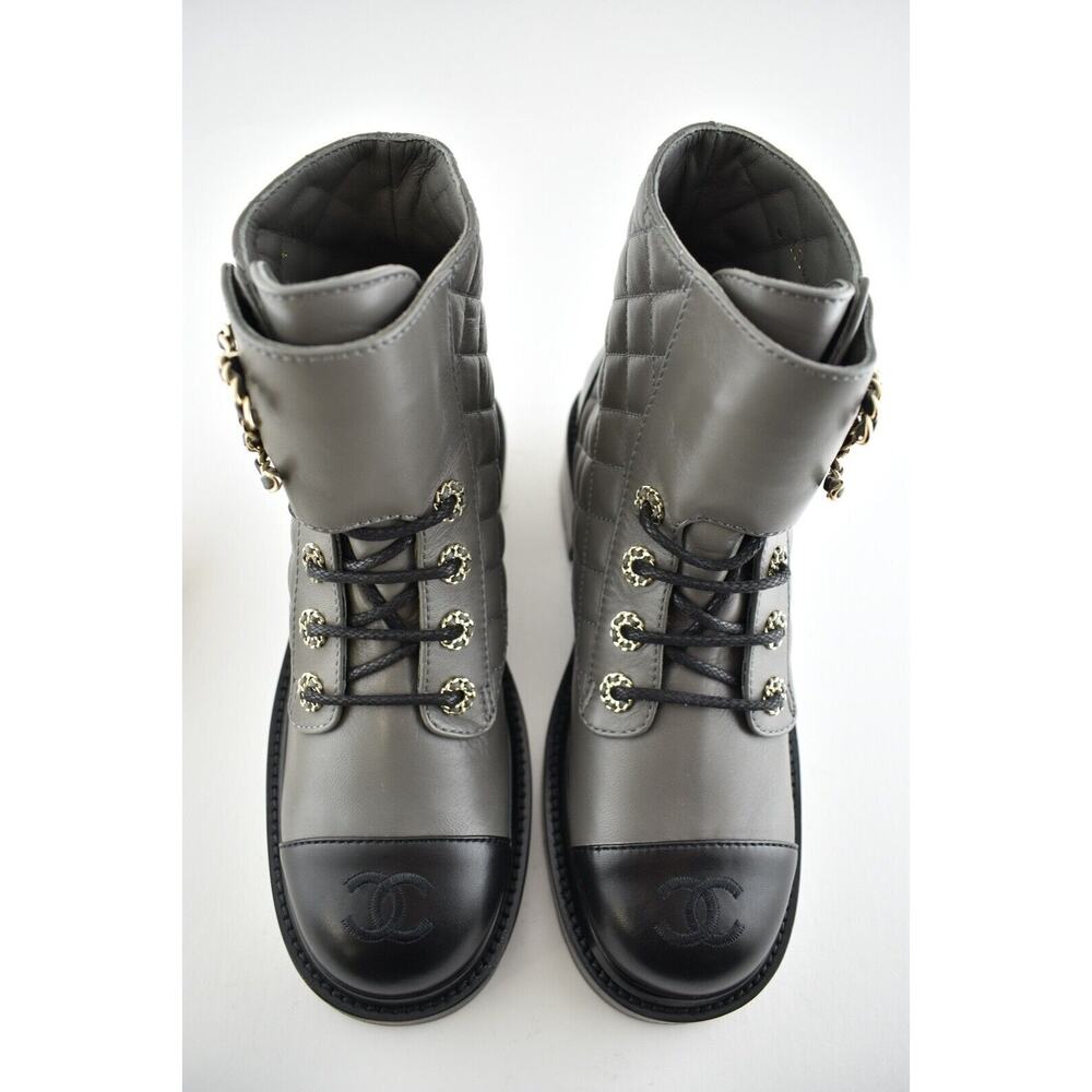 Chanel 21A Grey Black Quilted CC Chain Combat Lace Up Tie Ankle Short Boots 37 - Picture 7 of 11